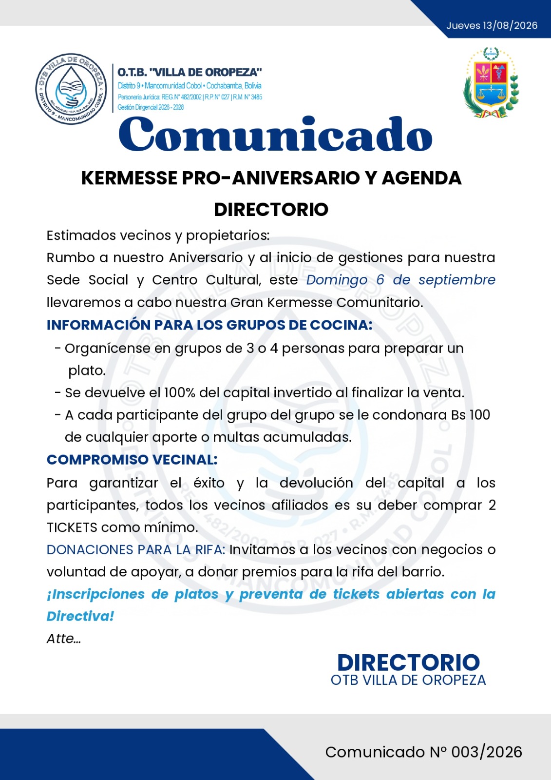 Kermesse pro aniversario y agenda directorio 003 – 16/08/26